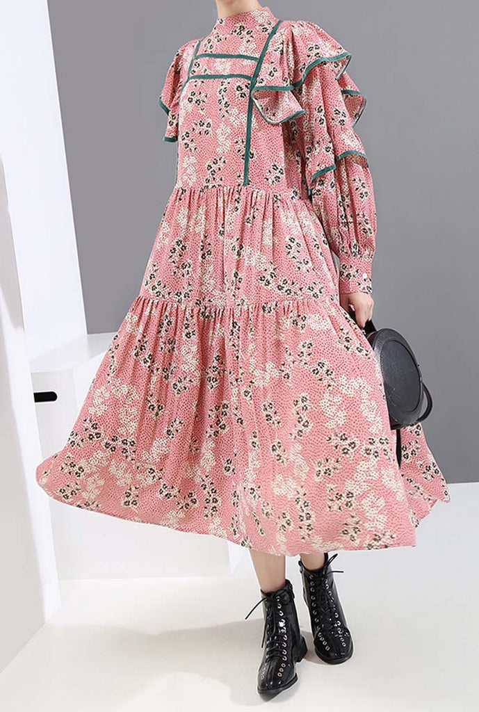 Vintage Stand Collar Tiered Floral Midi Dress