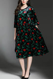 Vintage Loose Velvet Floral Print Midi Dress