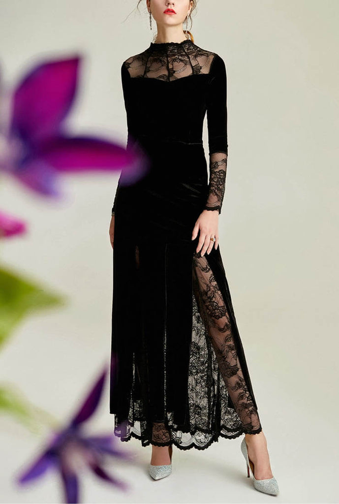 Vintage Openwork Lace Velvet Black Maxi Dress