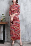 Vintage Printed Side-Slit Stand Collar Cheongsam Dress