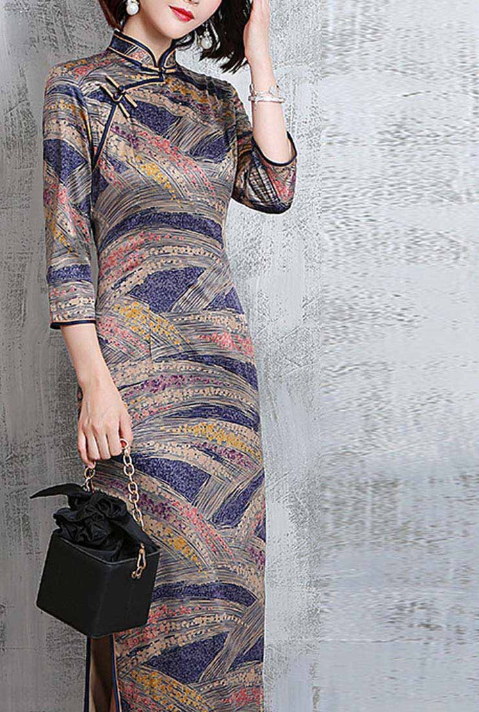 Vintage Printed Side-Slit Stand Collar Cheongsam Dress
