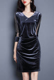 Vintage V-neck Bodycon Velvet Midi Dress