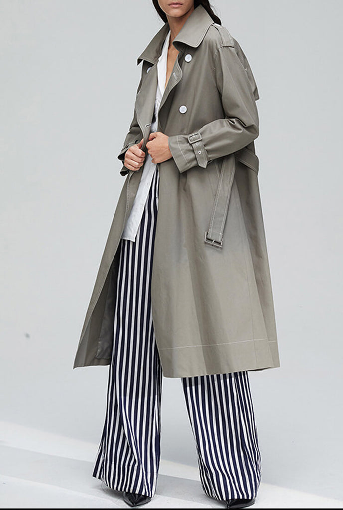 Waist Double Breasted Long Trench Coat