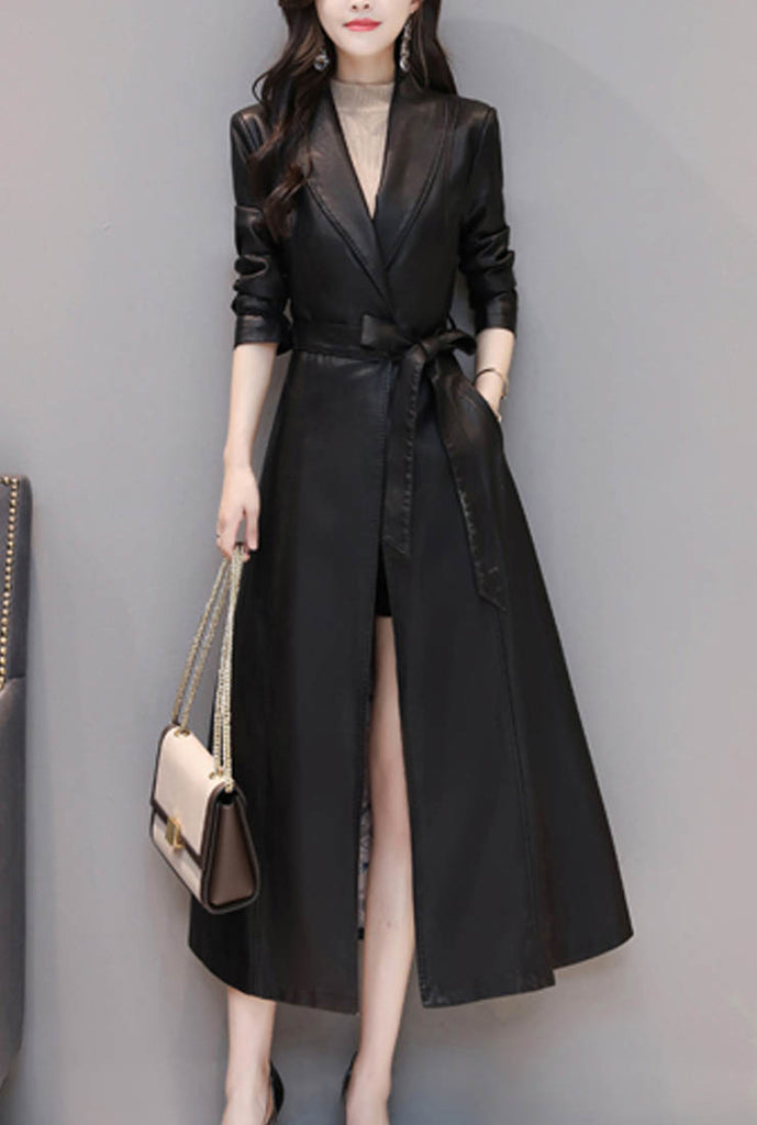 Waist Lapel Leather Trench Coat