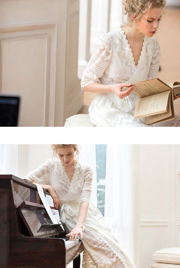 White V-neck Lace Midi Dress