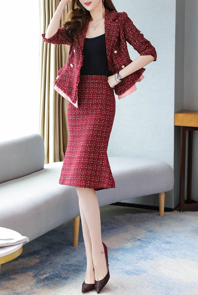 Wine Red Tweed Blazer & Midi Fishtail Skirt Suits