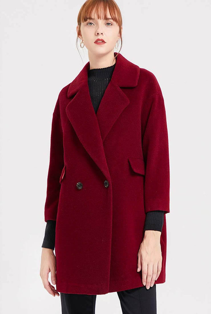 Wine Red Wool Blend Mid-length Coat 