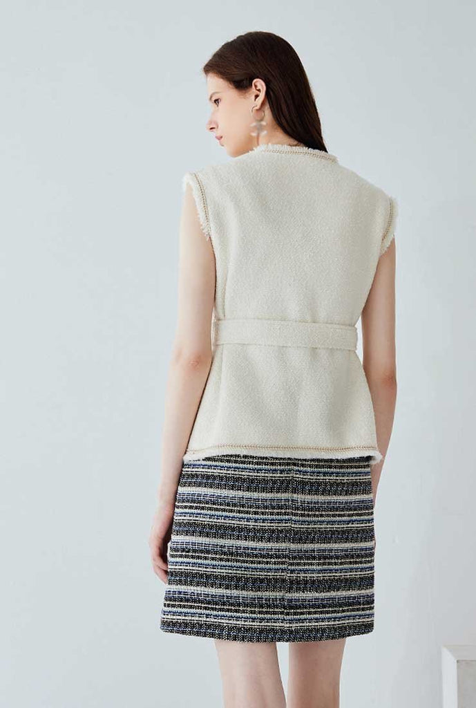 Women Tweed Tassel Beige Vest