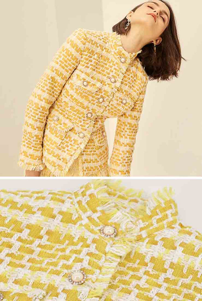 Yellow Stand Collar Tweed Coat + Short Pants Two Piece Sets